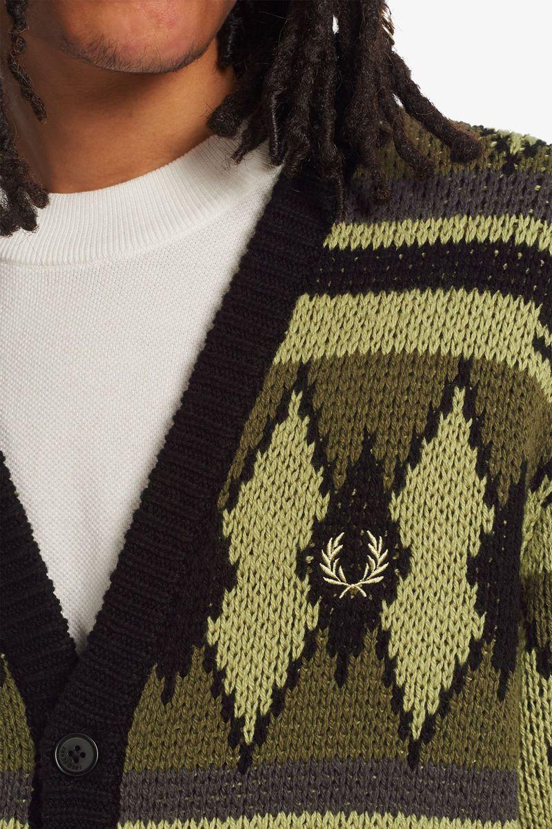 Olive Green Fred Perry Chunky Jacquard Cardigan Men's Knitwear | PH 1284YXFU